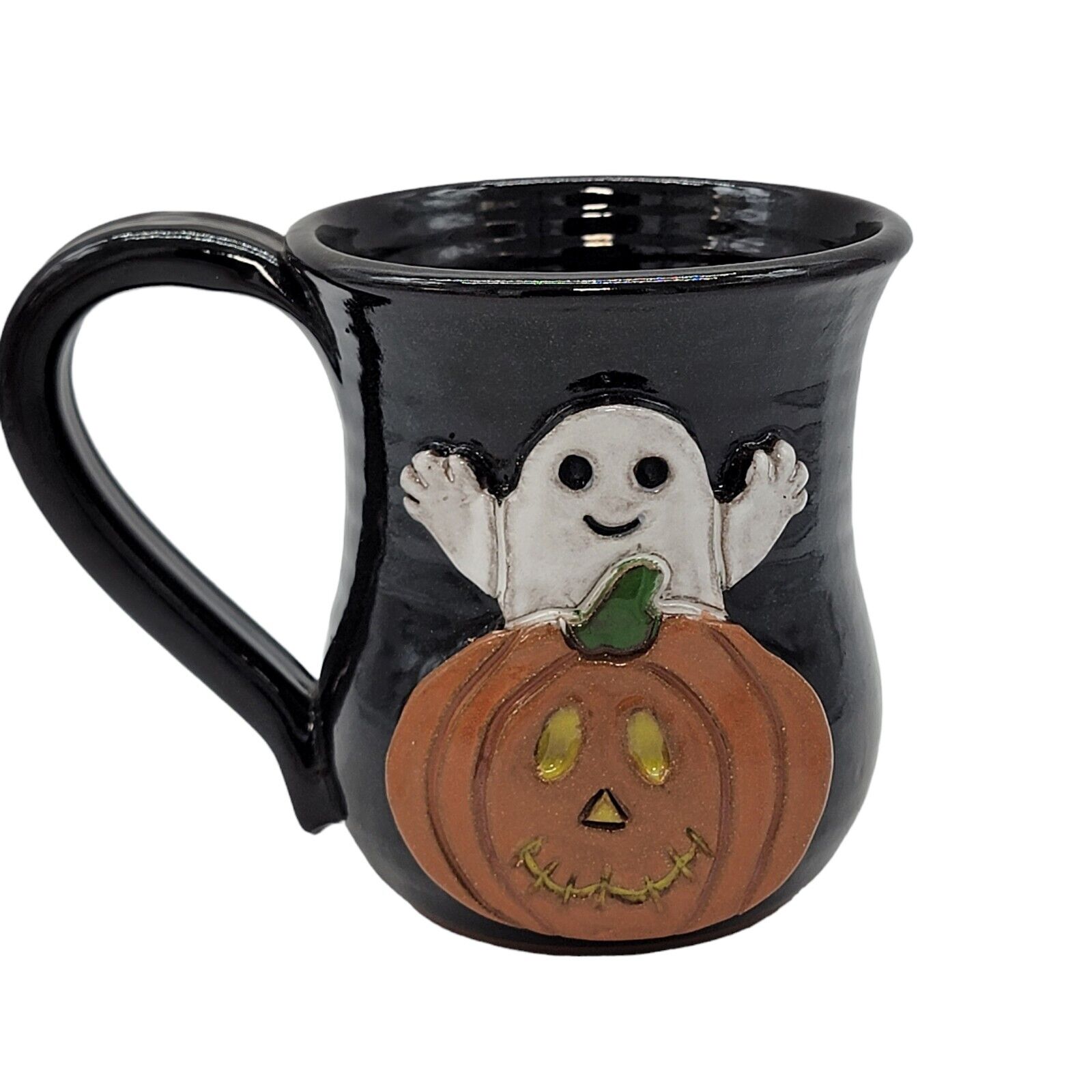 Mudworks USA Handmade Pottery Hand Painted Ghost Jack O Lantern 3D Coffee Mug
