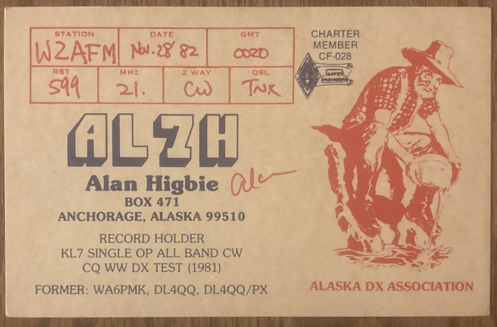 QSL Card -Anchorage, AK - 1982 -  AL7H - Alan Higbie - Postcard