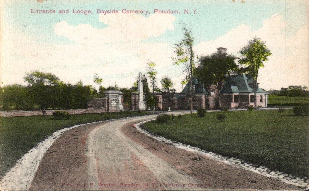 Postcard -Entrance & Lodge, Bayside Cemetery, Potsdam, New York Posted 1908 0659