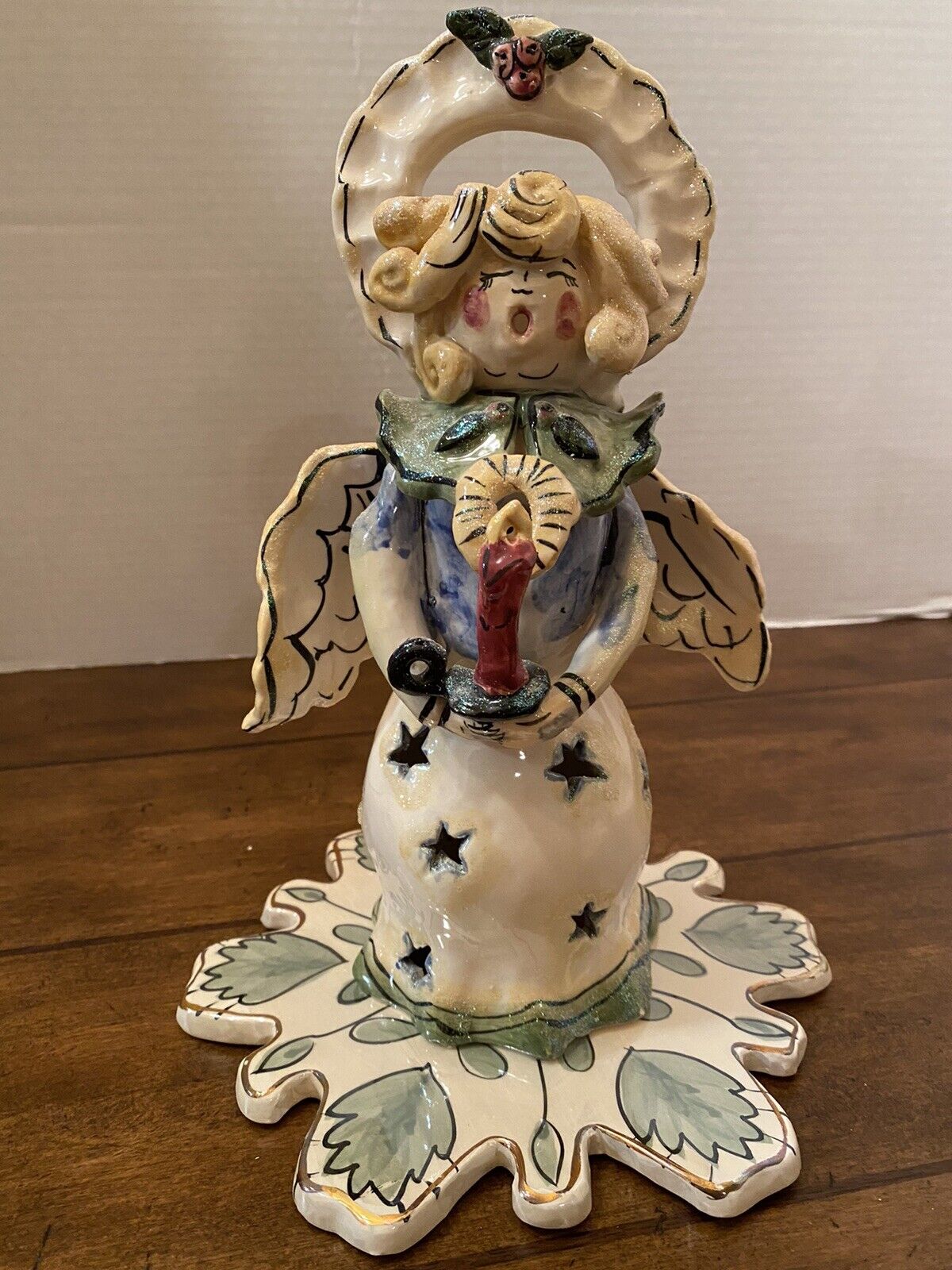 Blue Sky Clayworks Heather Goldminc Caroling Angel Tea Light Candle 2000 9.5” O