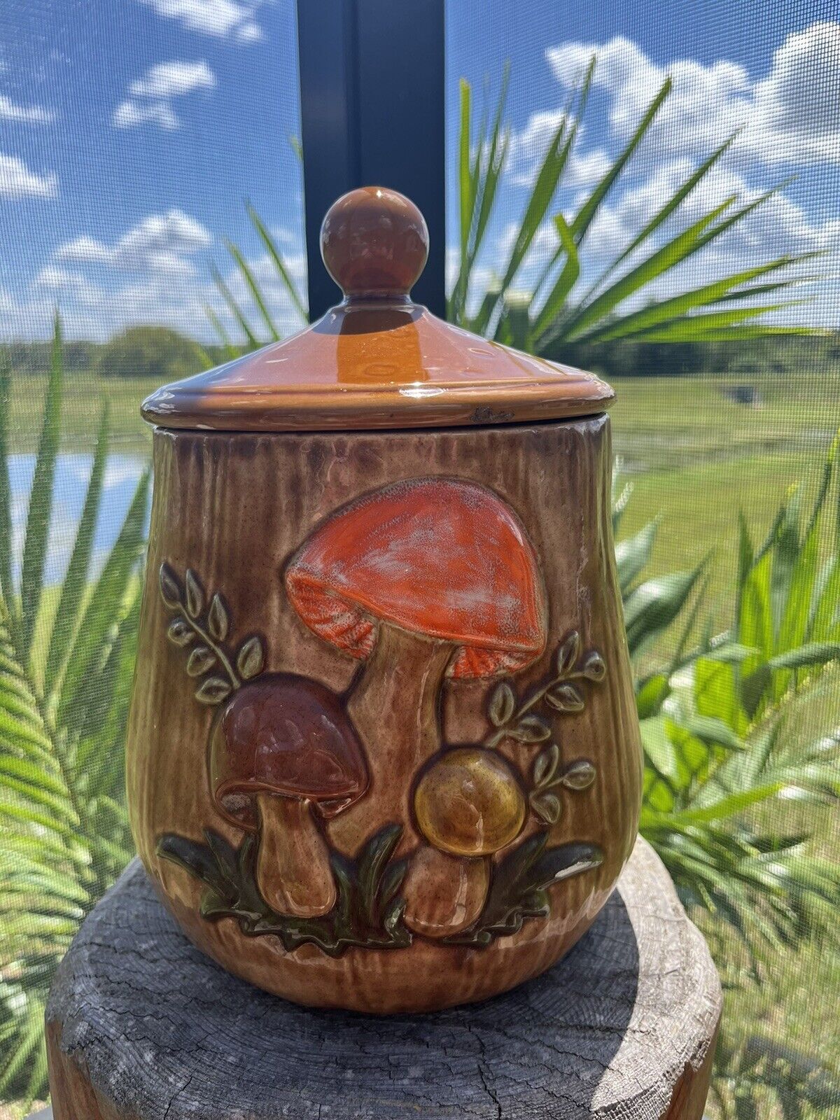 Vintage Large 1975  Arnel\'s Ceramic Mushroom Cookie Jar Storage Canister 11” 🍄
