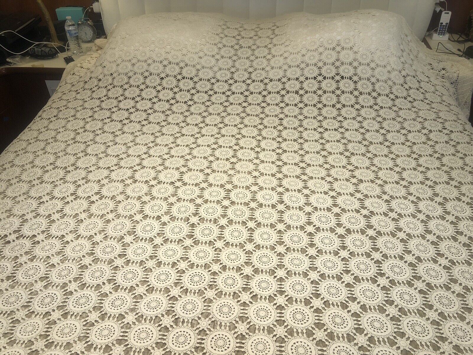 VTG Hand Crocheted Ivory Coverlet/Bed Cover 96x108