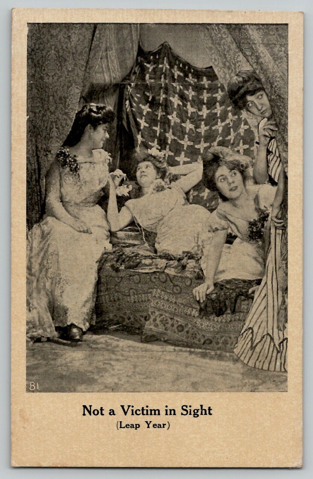 1908 Leap Year RPPC Risque Ladies on Bed Not a Victim in Sight Vintage Postcard 