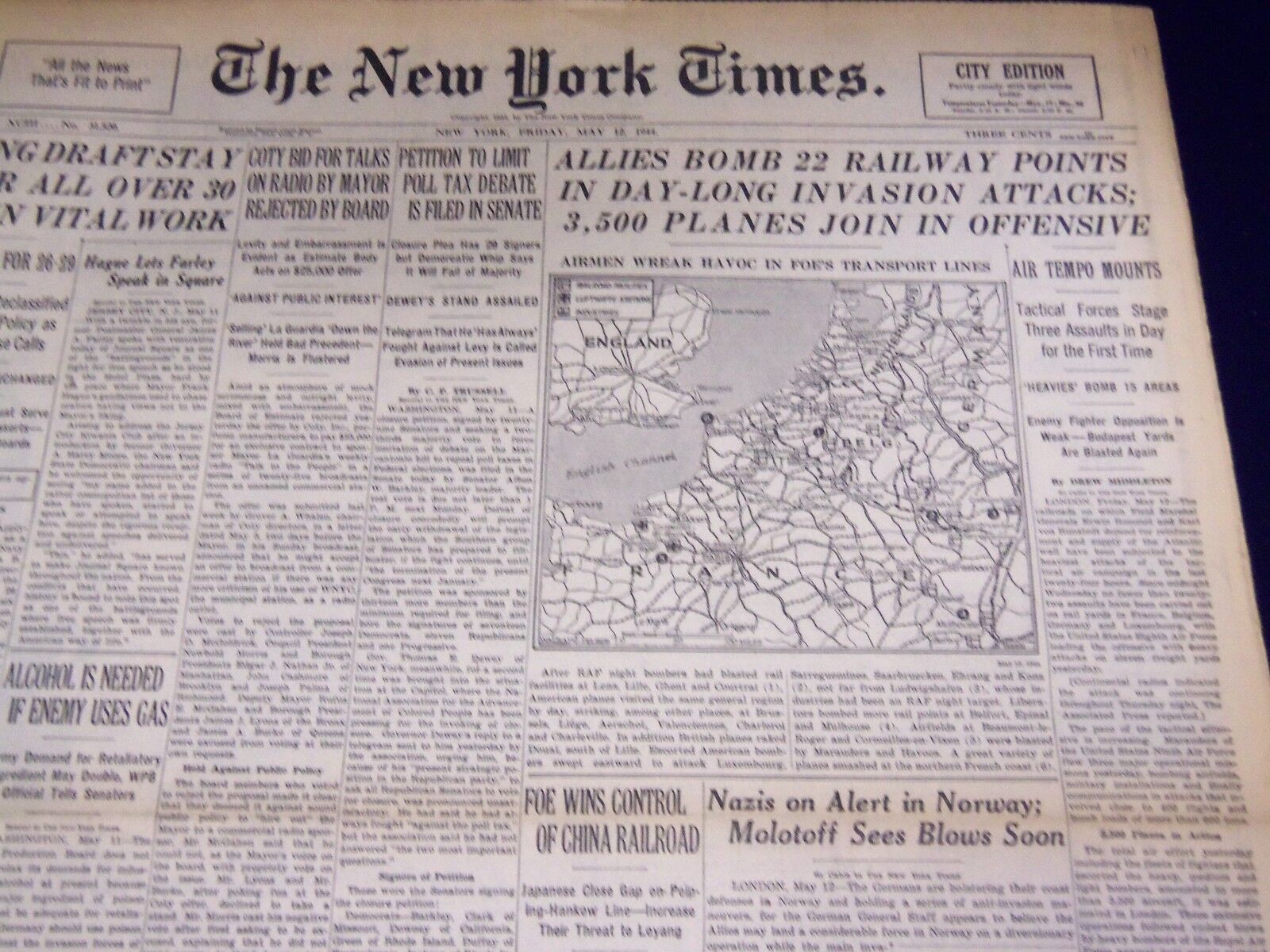 1944 MAY 12 NEW YORK TIMES - ALLIES BOMB 22 RAILWAY PTS - NT 3339