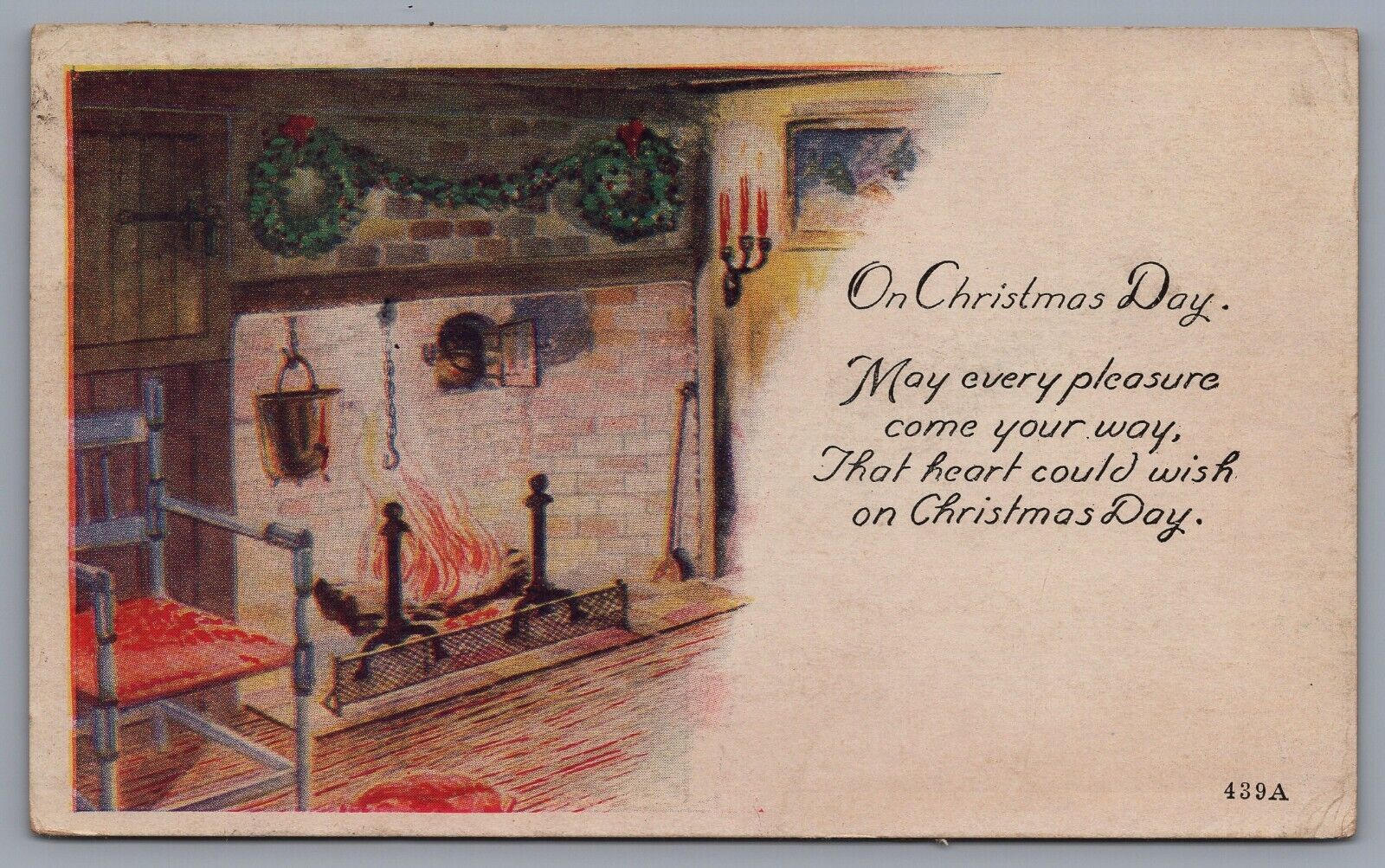 1921 Antique Christmas Card Postcard Fireplace Wreath Piedmont, West Virginia