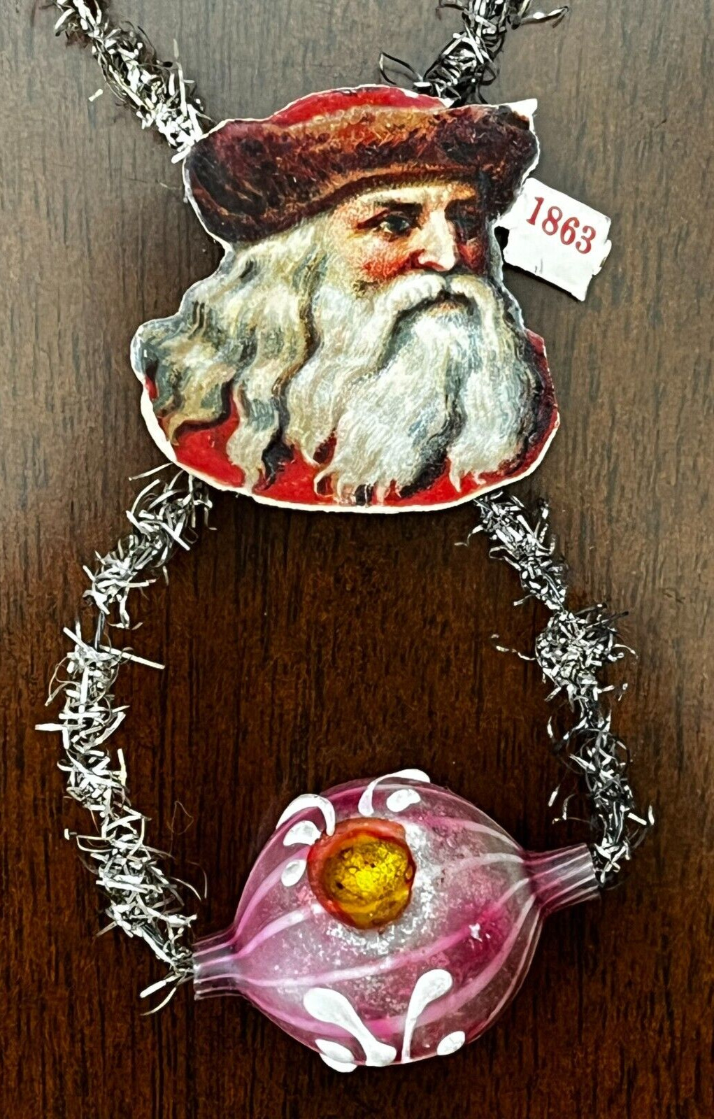 Antique VTG Christmas German Scrap Santa Glass Indent Bead Tinsel Ornament