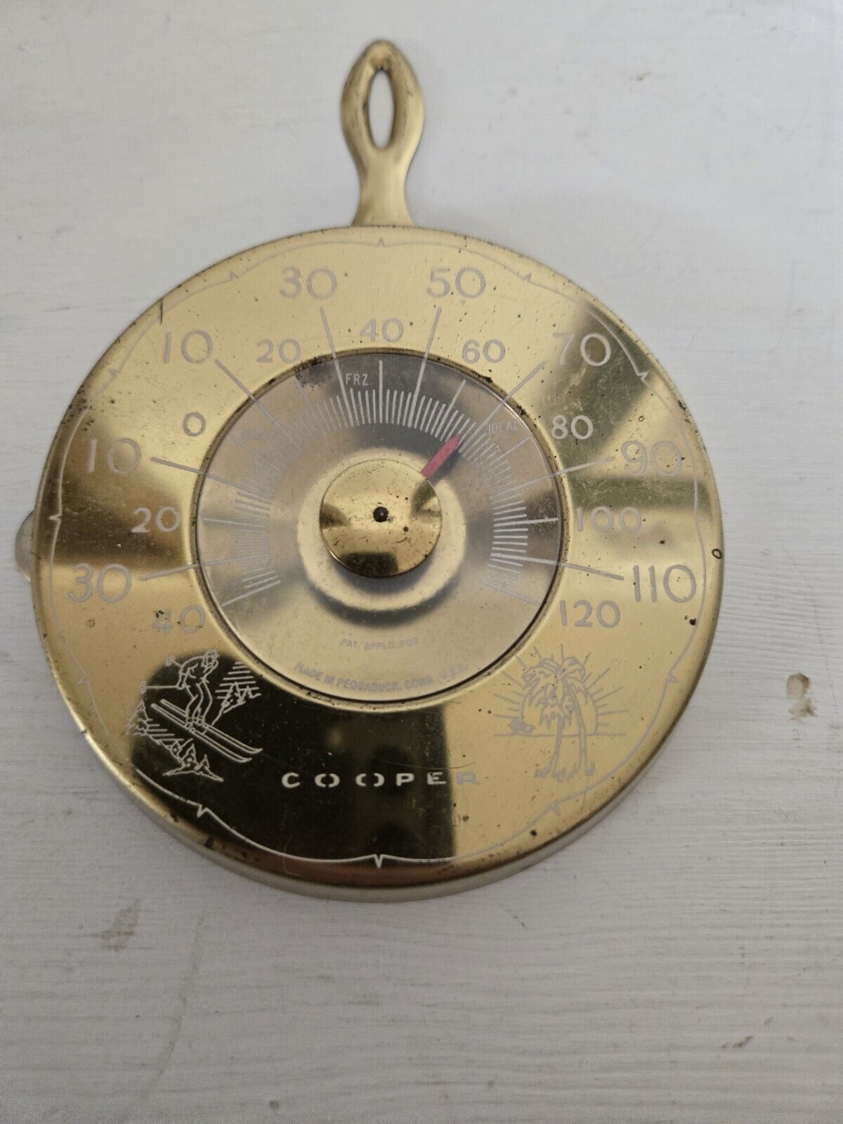 Vintage Cooper Fying Pan Thermometer - Gold Colored. Works. Made In USA. 