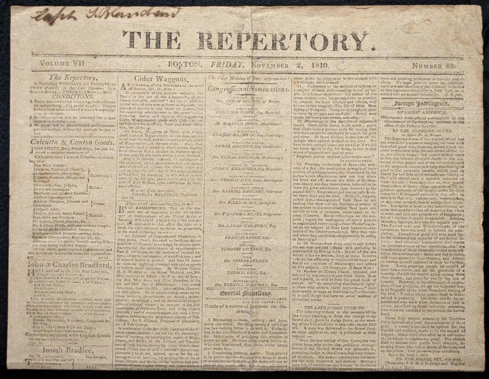 The Repertory: Boston, Friday, November 2, 1810 - West Florida Rebellion 