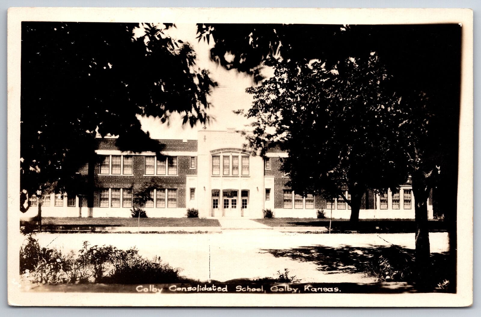 Colby Kansas~Colby Consolidated School Front & Center~Doors~1930s RPPC