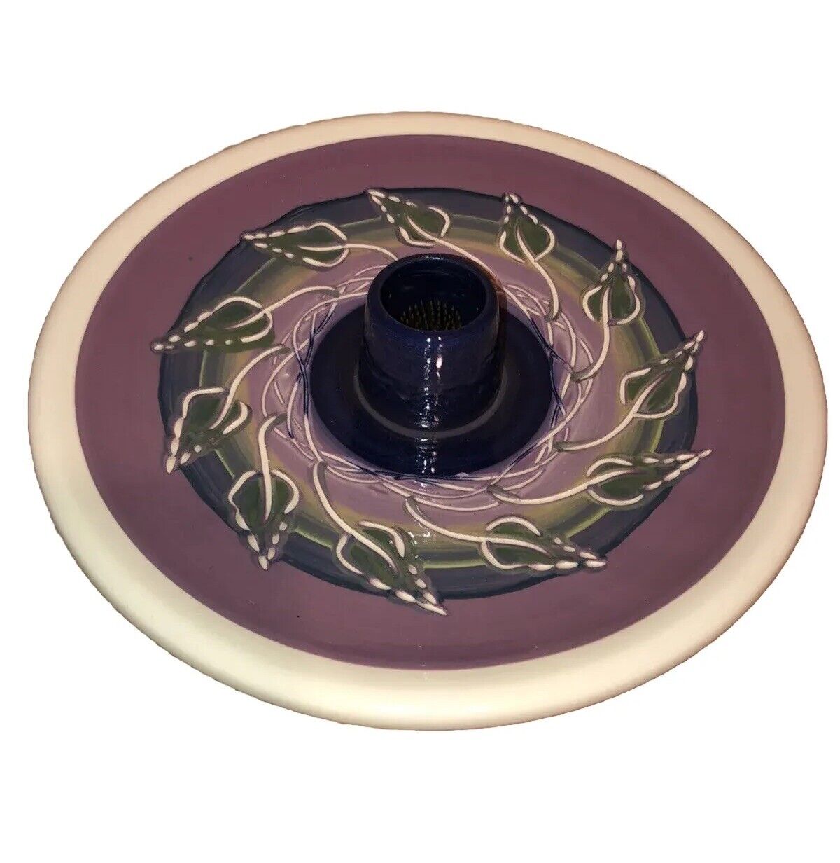 Japanese Ikebana Ware Purple  Pottery  11 “  W / Flower Frog MCM Planter