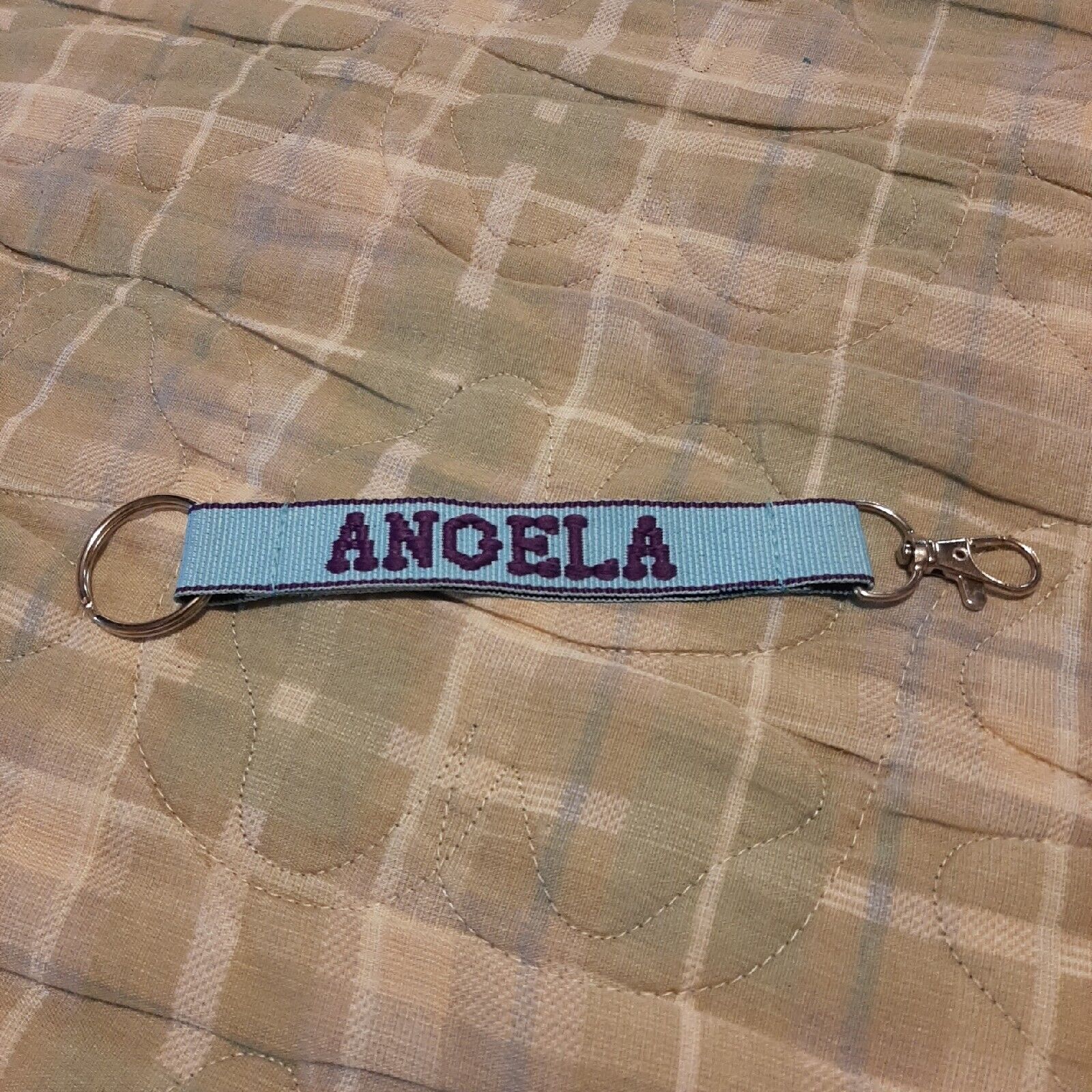 ANGELA Embroidered Name Strap Key Ring, Keychain with Clasp (LT. BLUE & PURPLE)