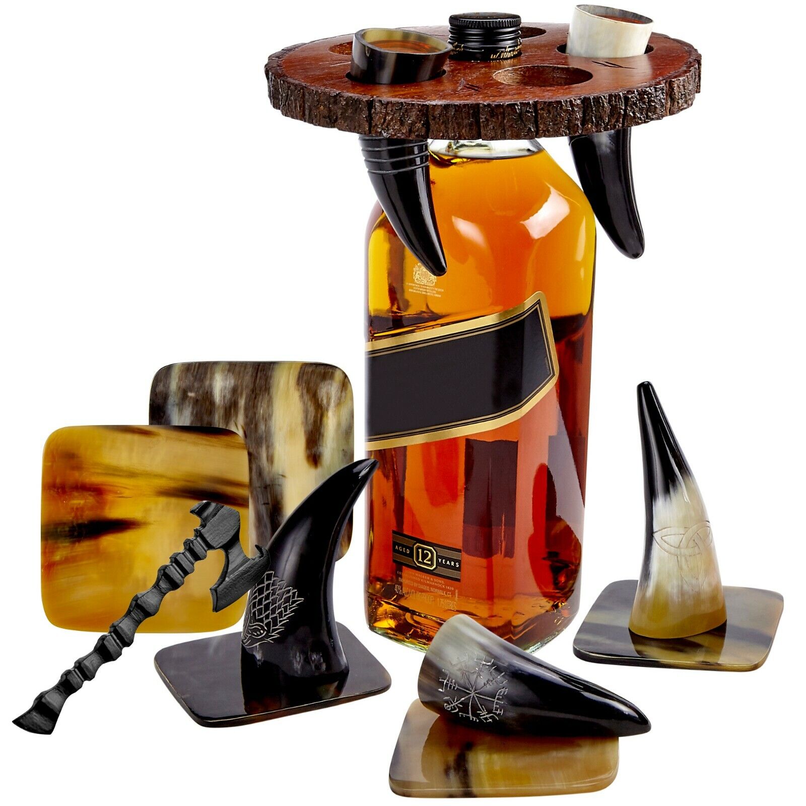 Viking Horn Drinking Cup Shot Glasses with Vintage Axe Bottle Opener & Coasters 