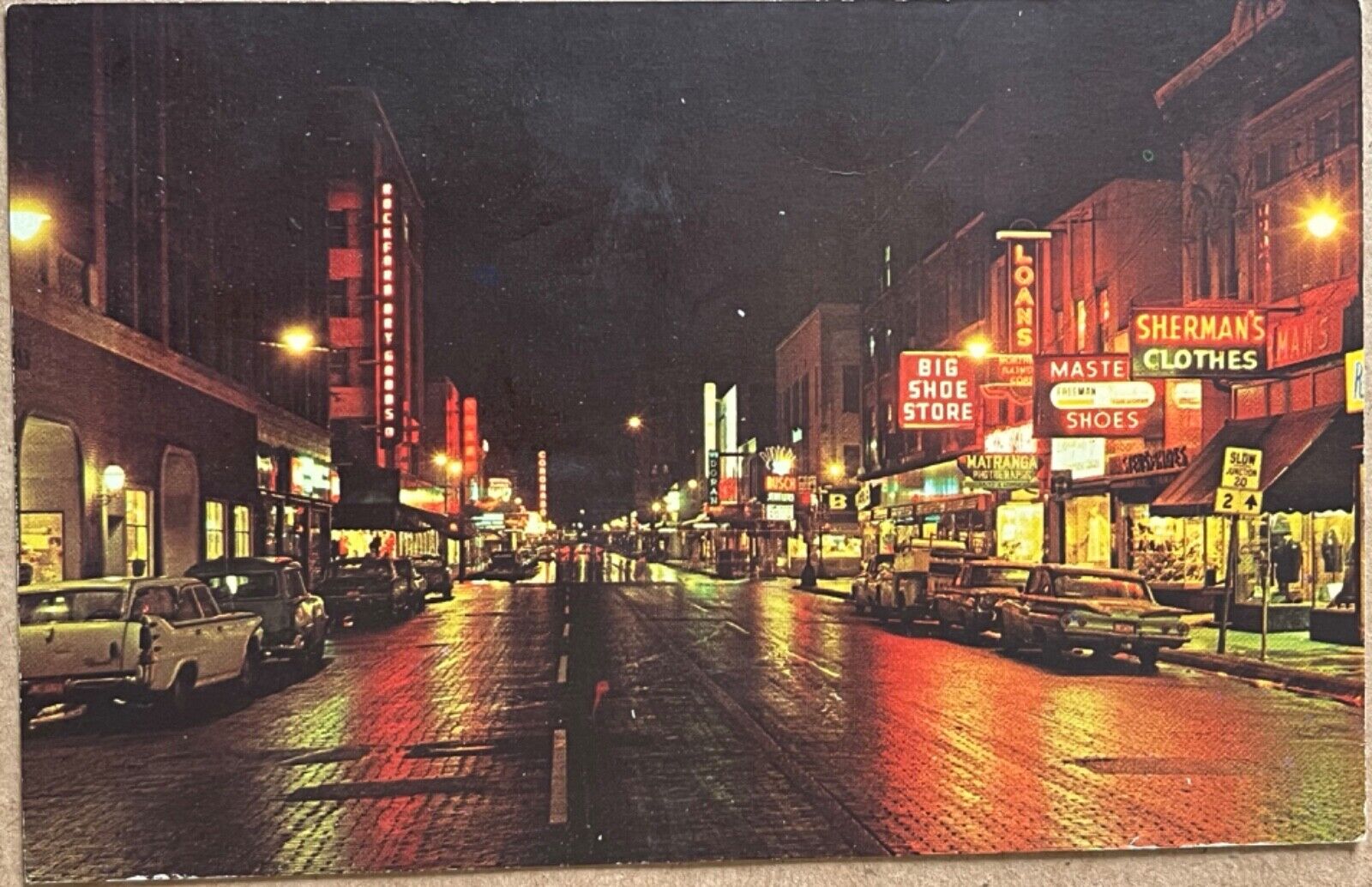 Rockford Illinois Main Street Looking North Night View Postcard c1960