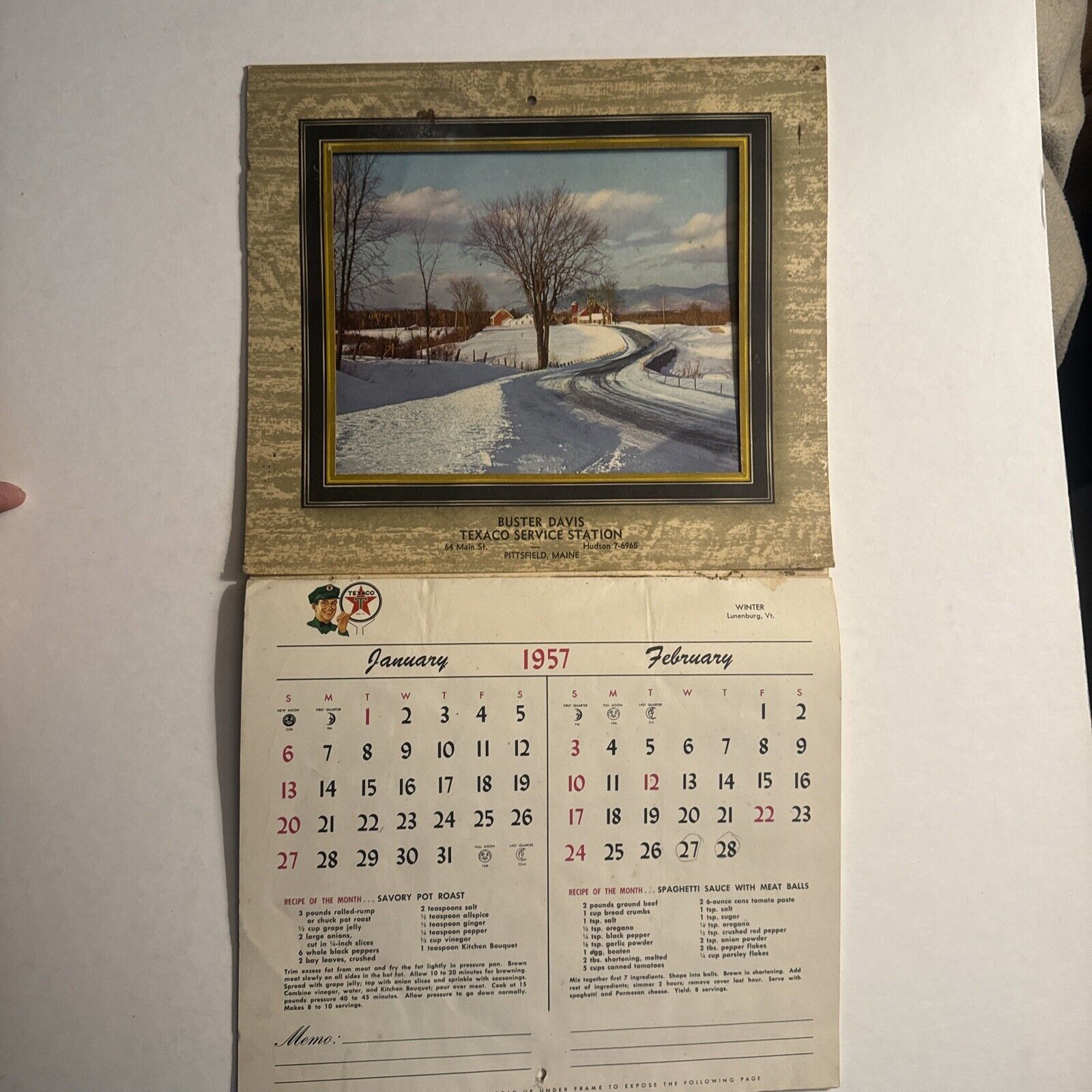 1957 Texaco Calendar Buster Davis Pittsfield Maine. Vintage Calendar Advertising