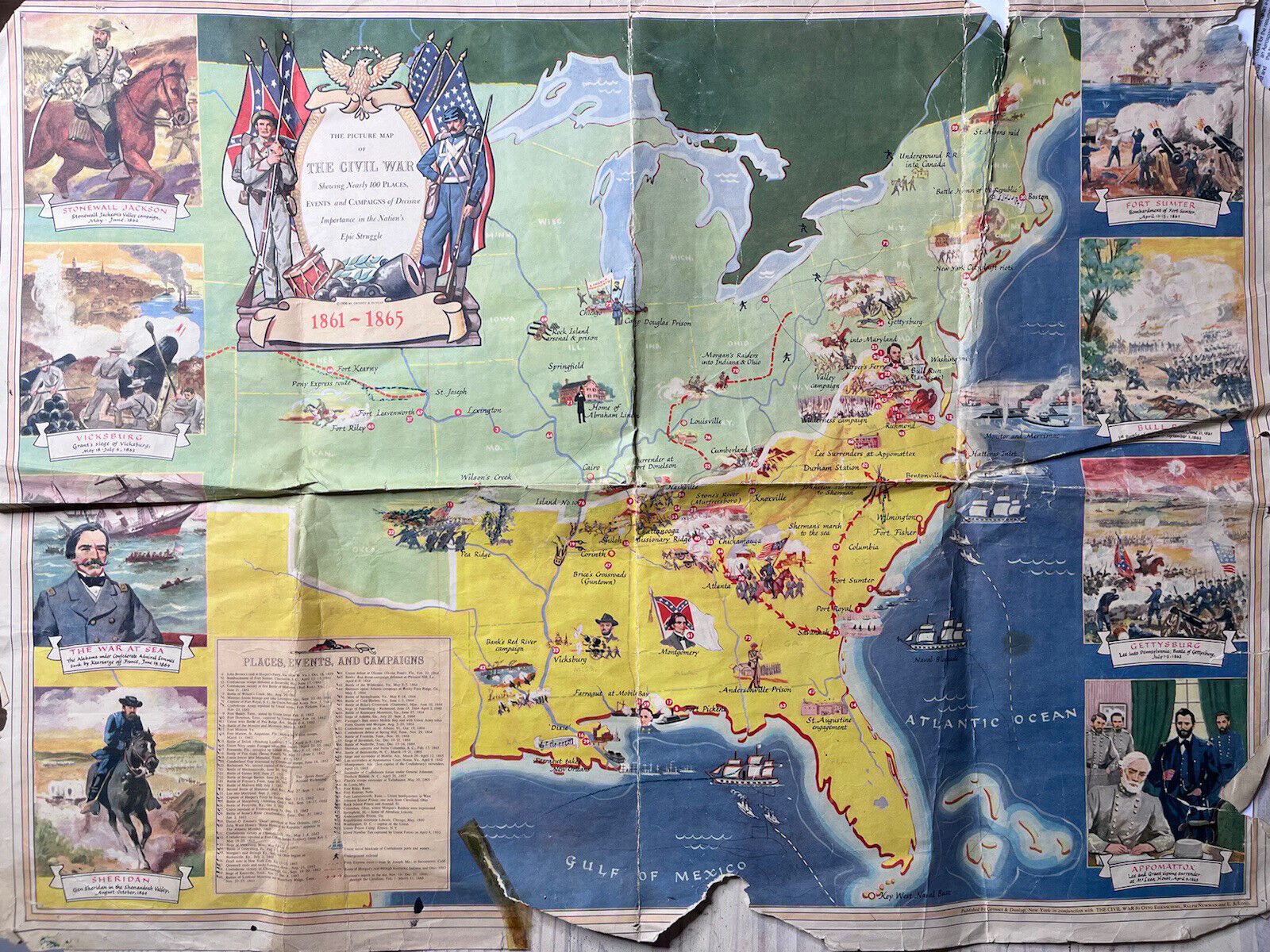 The Picture Map of the Civil War Illustrated Large 1956 Grosset & Dunlap Poster