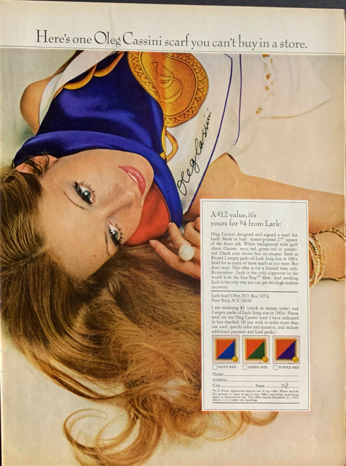 Vintage 1969 Oleg Cassini Scarf Order Form Pretty Lady Print Ad Advertisement 