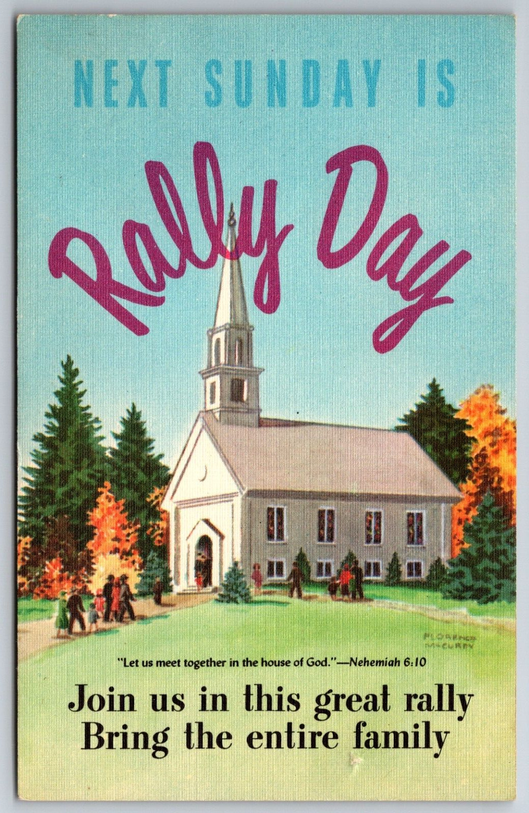 Rally Day Family Church Sunday School Unused Invitation Autumn Postcard
