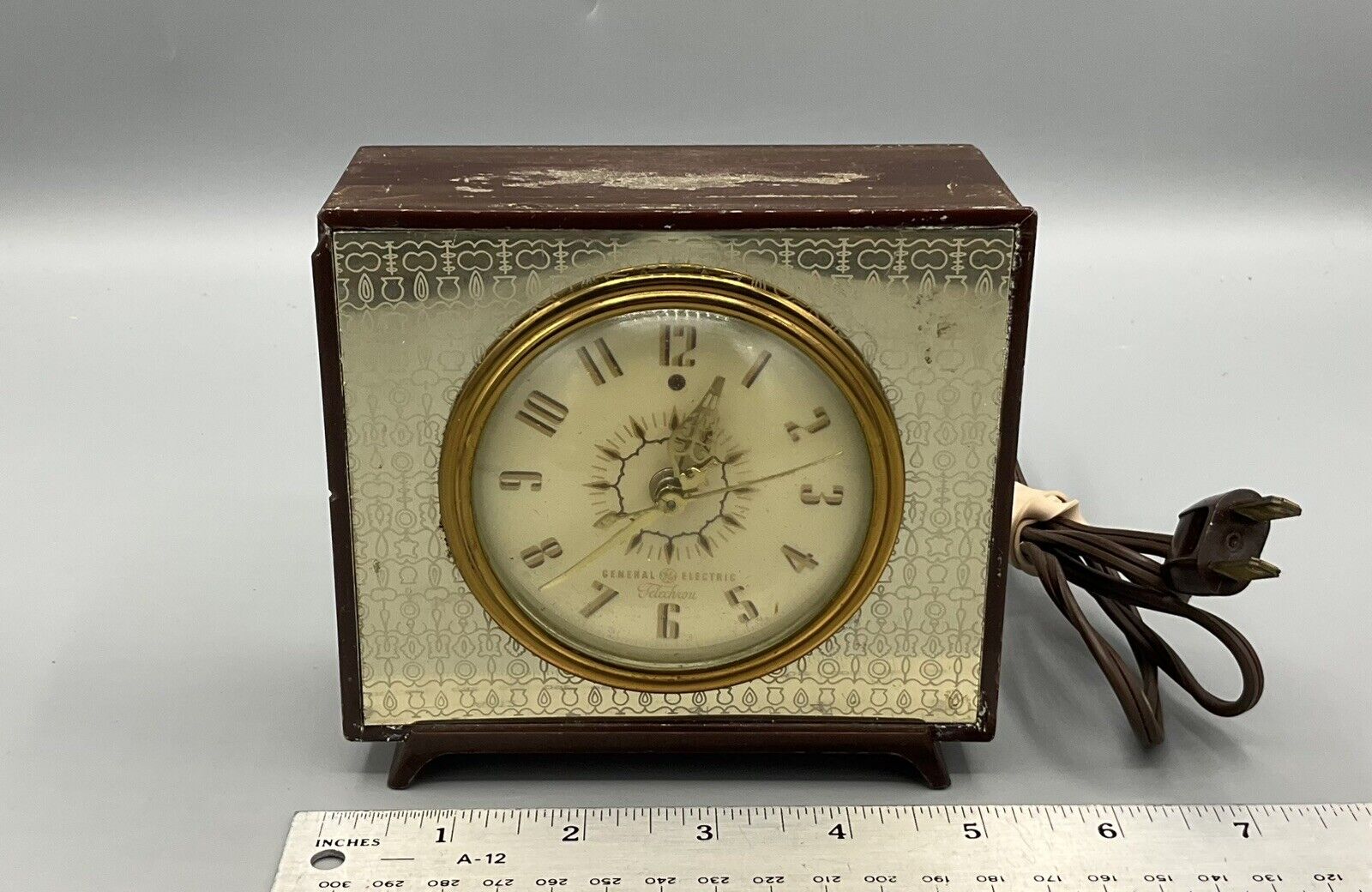 Vintage Alarm Clock General Electric Telechron 7H242 Etched Front Works READ