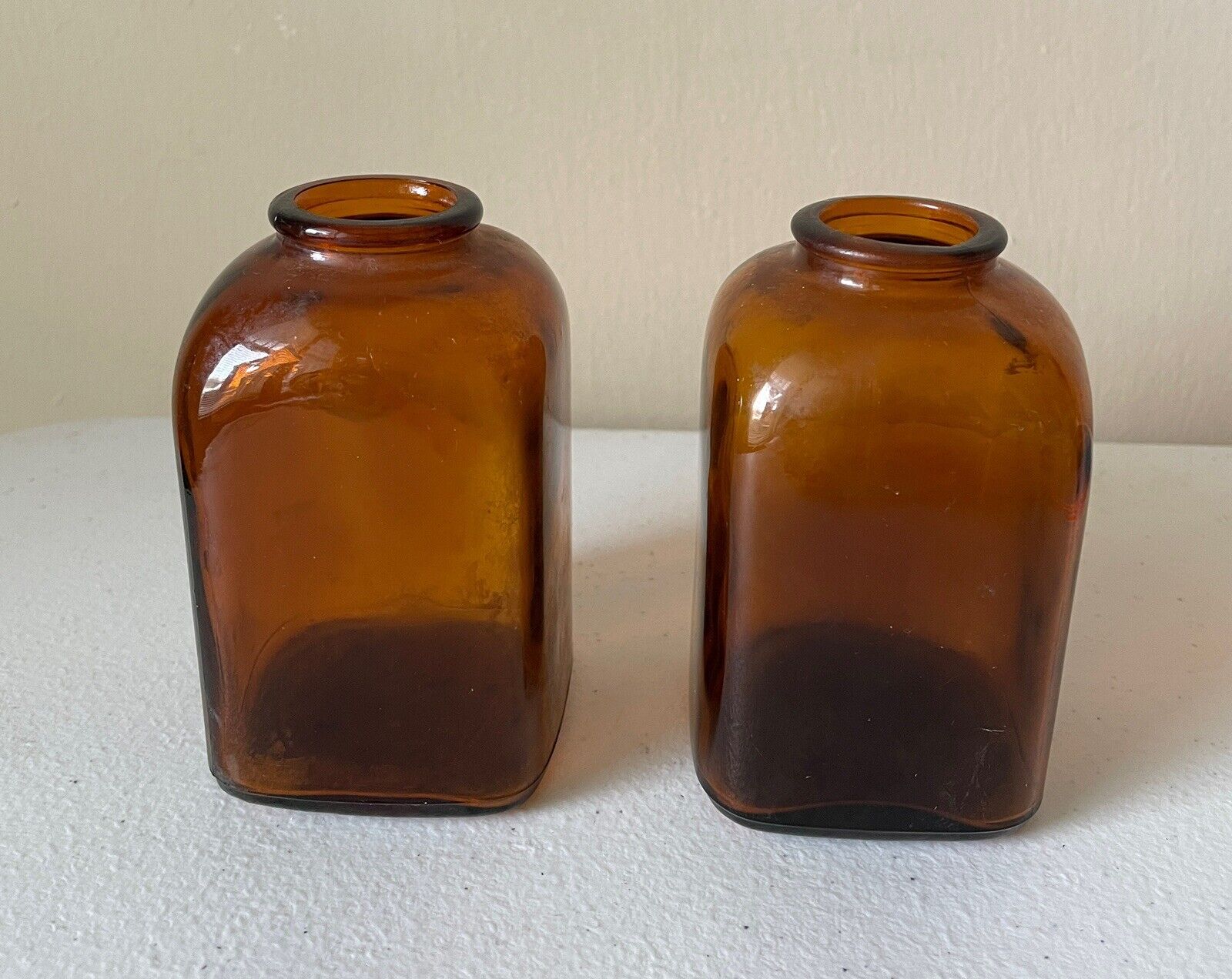 2  Lot - Vintage Amber Brown APOTHECARY MEDICINE BOTTLE SNUFF JAR Glass