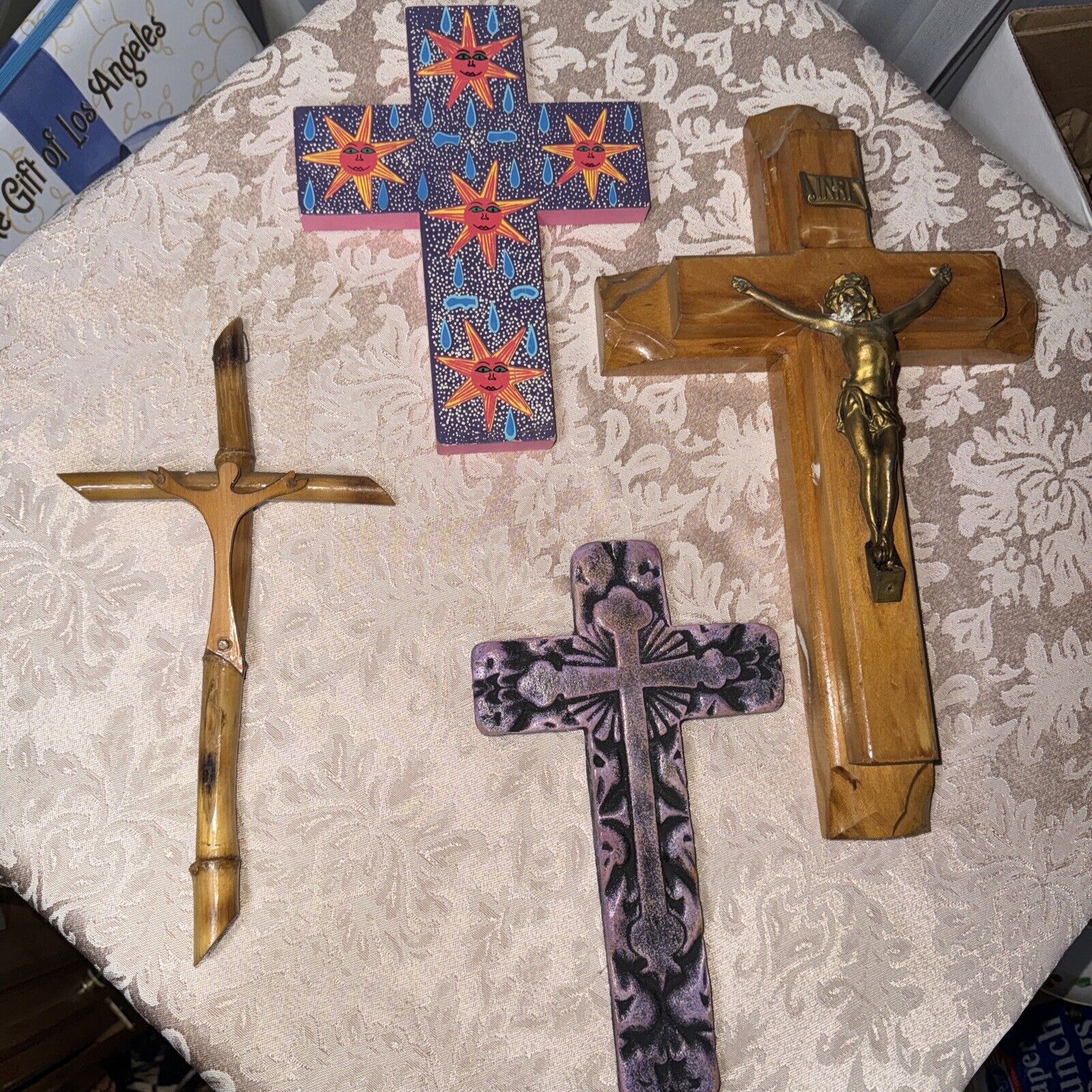 Vintage Crucifix Wall Lot Of 4/ Bamboo, Last Rites, Made In Mexico, Cross