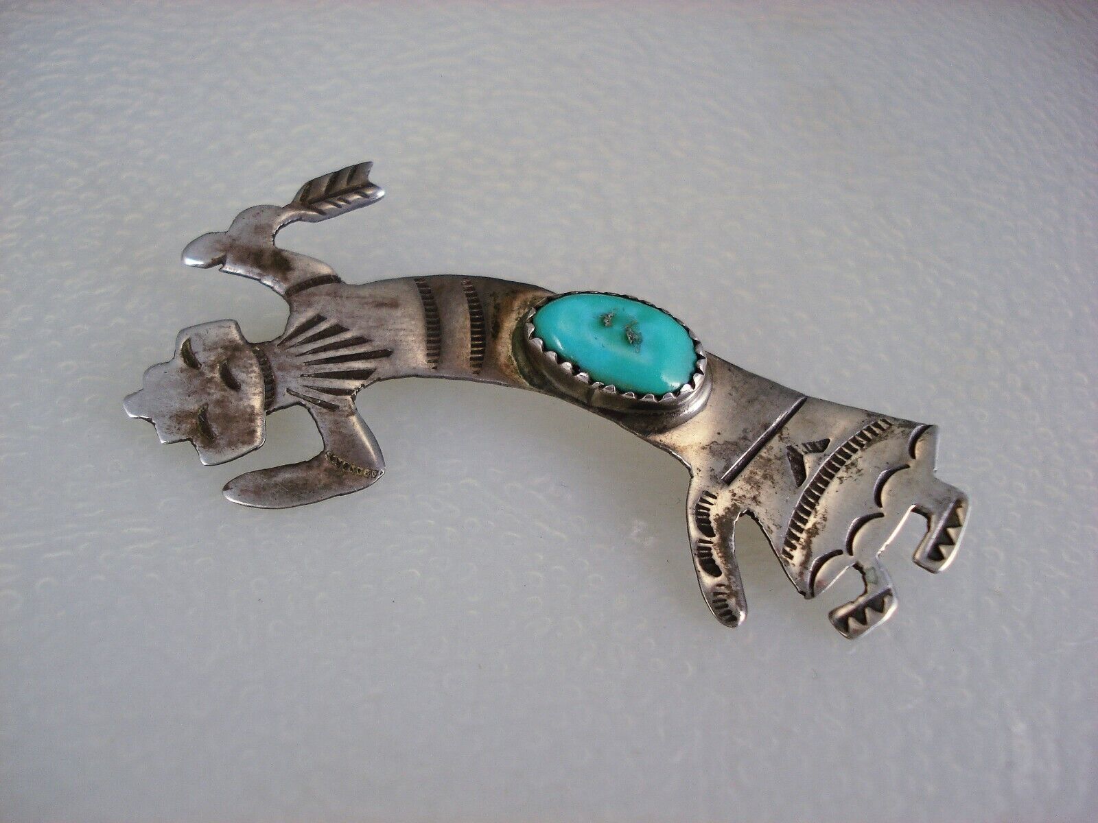 OLD NAVAJO STERLING SILVER & TURQUOISE KACHINA / YEI WARRIOR PIN BROOCH