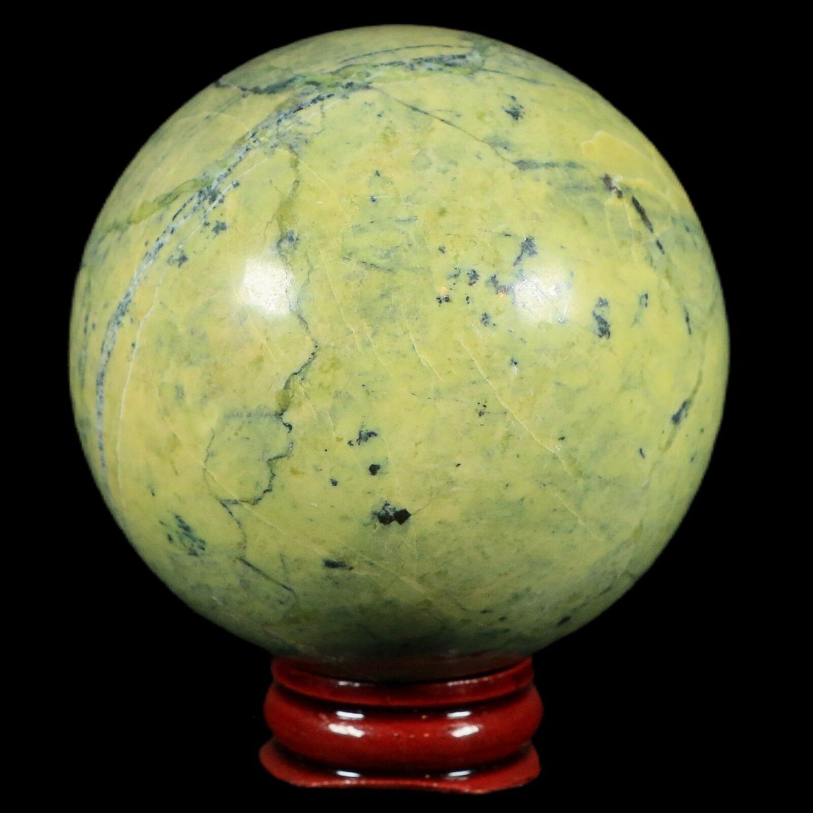 XL 66MM Natural Green & Yellow Serpentine Pyrite Sphere Ball Orb Peru Stand