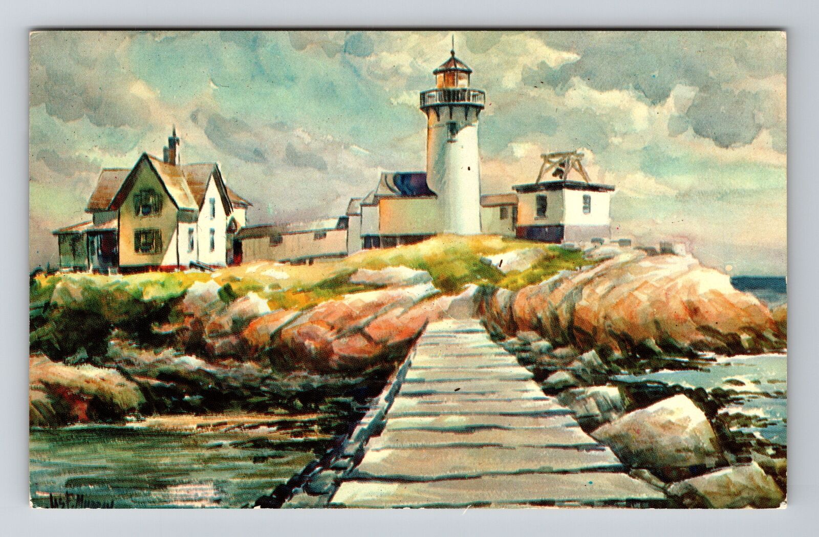 Seascape Watercolor Lighthouse, Painting, Vintage Postcard