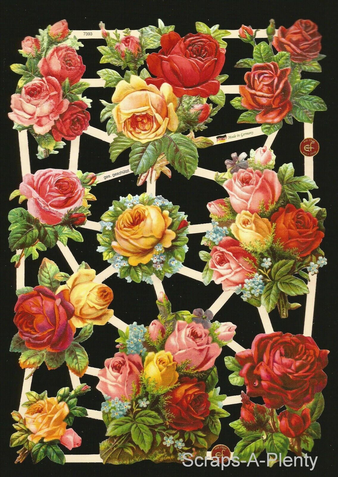 German Embossed Vintage Style Scrap Die Cut- Bold Beautiful Roses Flowers EF7393