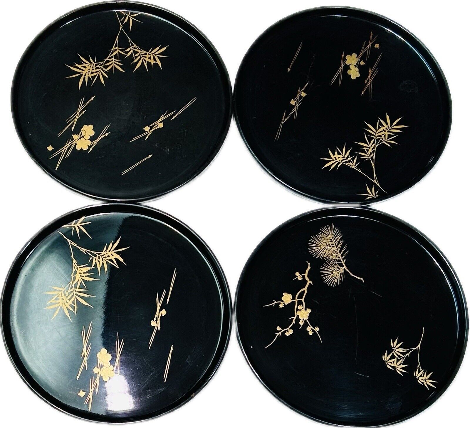 4 Vintage Yamanaka Lacquerware Plates Black and Gold Japan