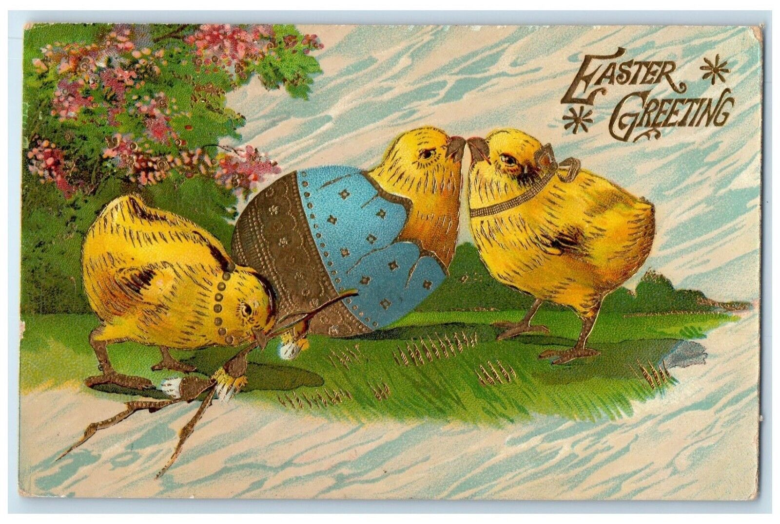 c1910\'s Easter Greeting Hatched Egg Baby Chicks Embossed Gel Gold Gilt Postcard