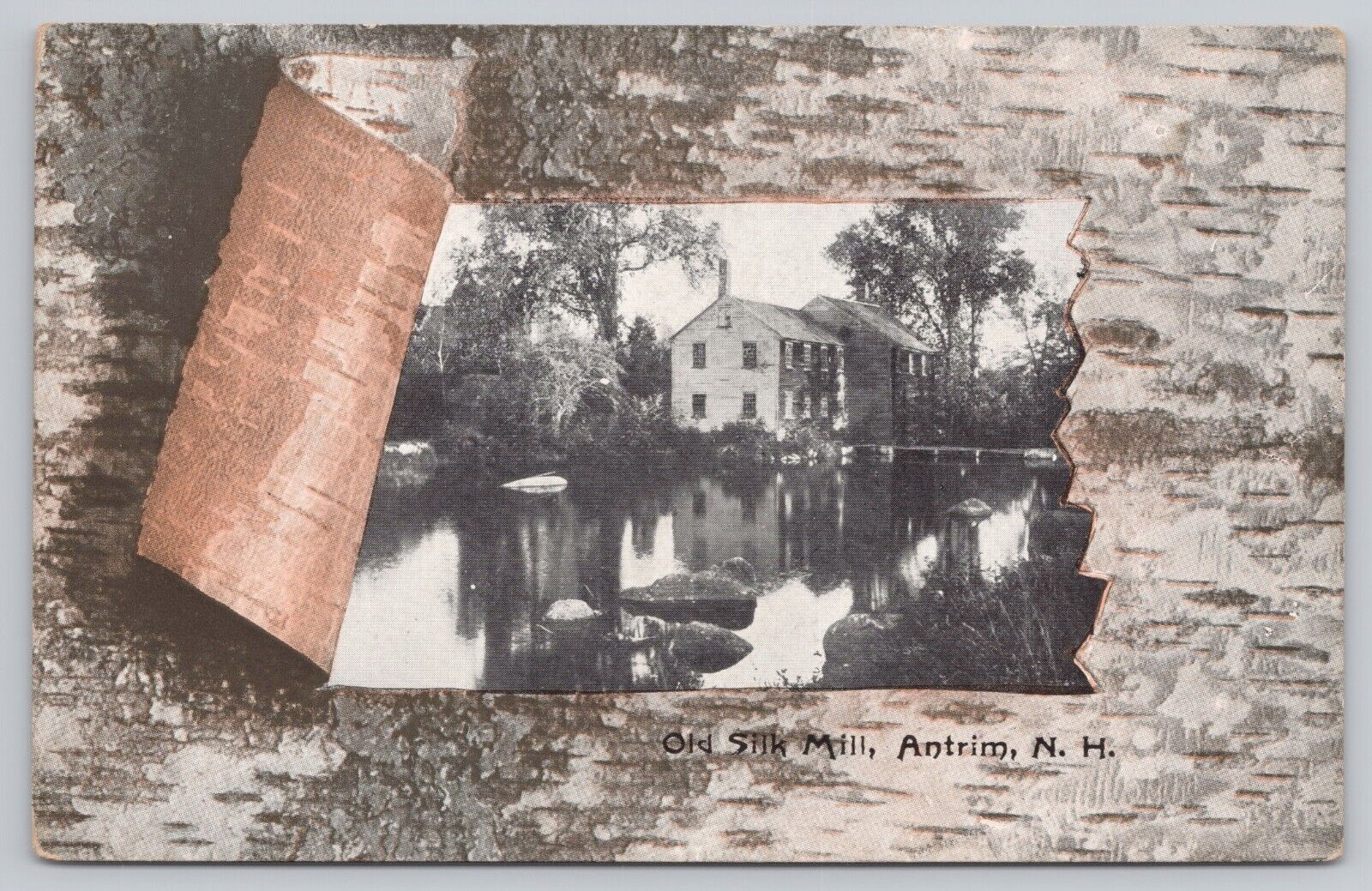 Antrim New Hampshire, Old Silk Mill, Faux Wood Border, Vintage Postcard
