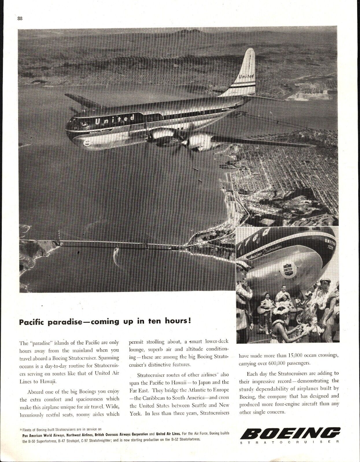 Original 1952 Boeing United Airlines Aircraft Magazine Ad nostalgic d4