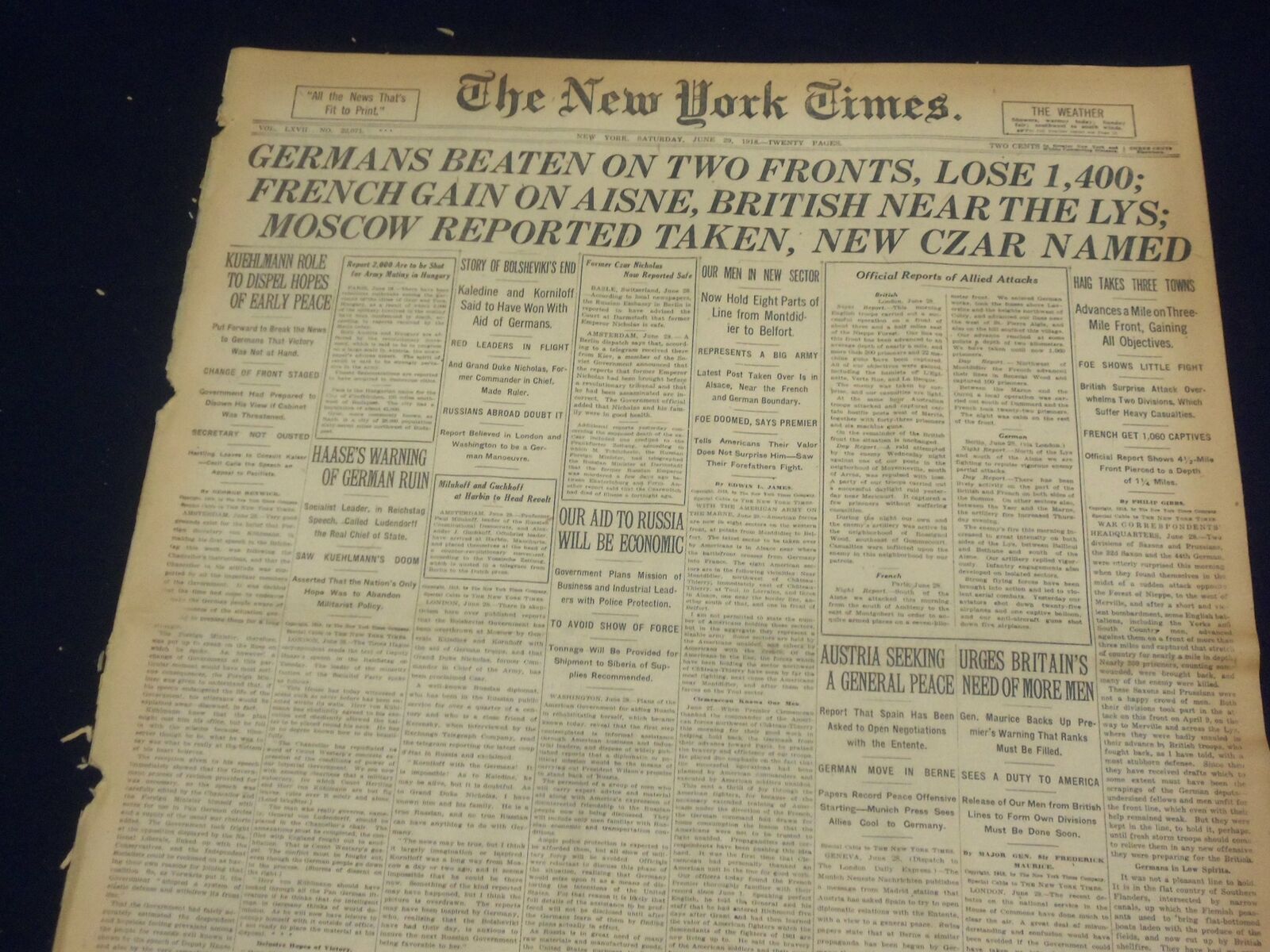 1918 JUNE 29 NEW YORK TIMES - GERMANS BEATEN ON TWO FRONTS - NT 9091