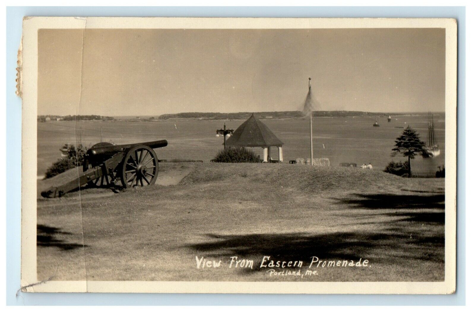c1934\'s Eastern Promenade Cannon Sailboat Portland Maine ME RPPC Photo Postcard