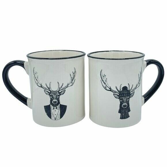 Bay Island Dressed Deer Antler Two Sided Graphic Creamware 16oz. Mugs Set of Two