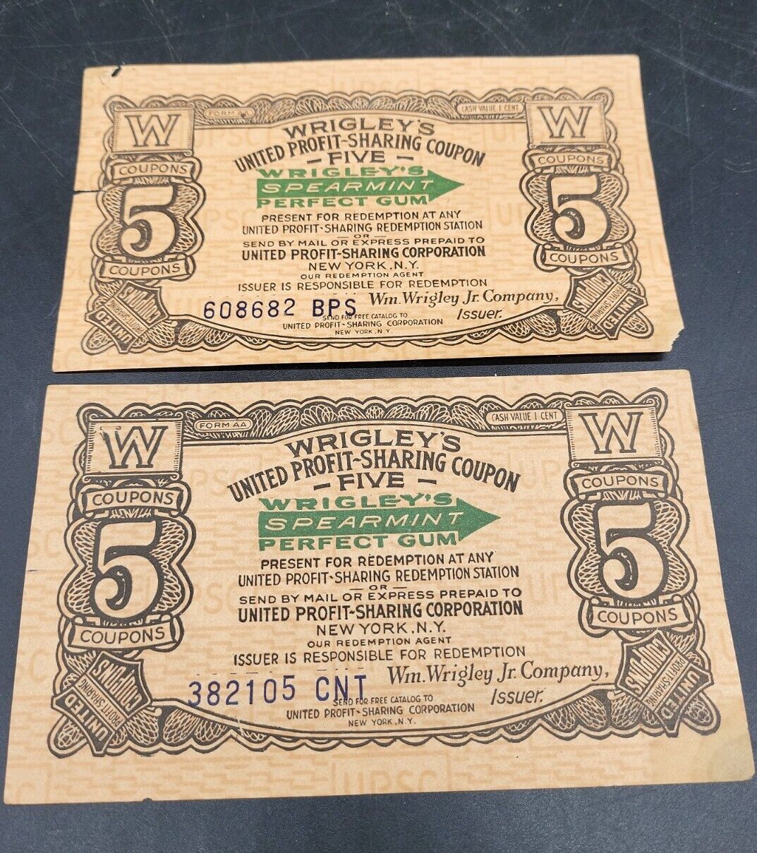 Vintage Wrigley's Spearmint Gum United Profit Sharing Coupon Lot of 2