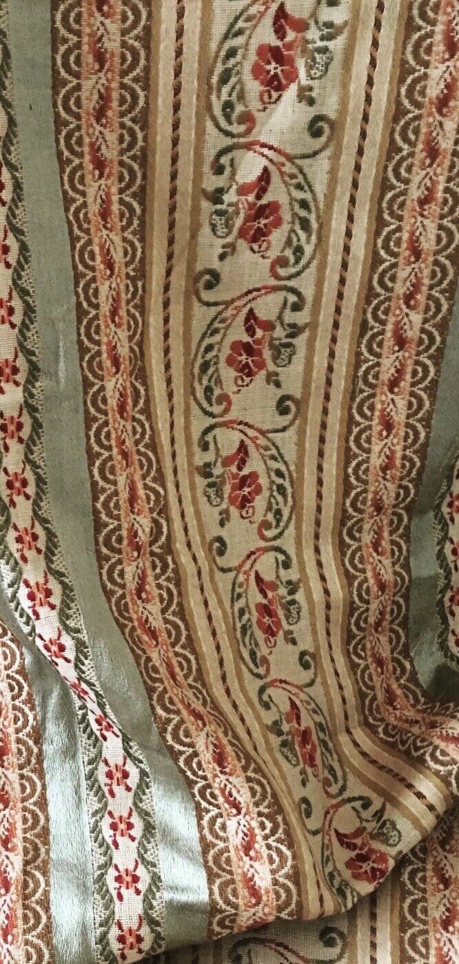 Antique French Silk Floral Stripe Lisere Brocade Jacquard Fabric #5-Green Copper