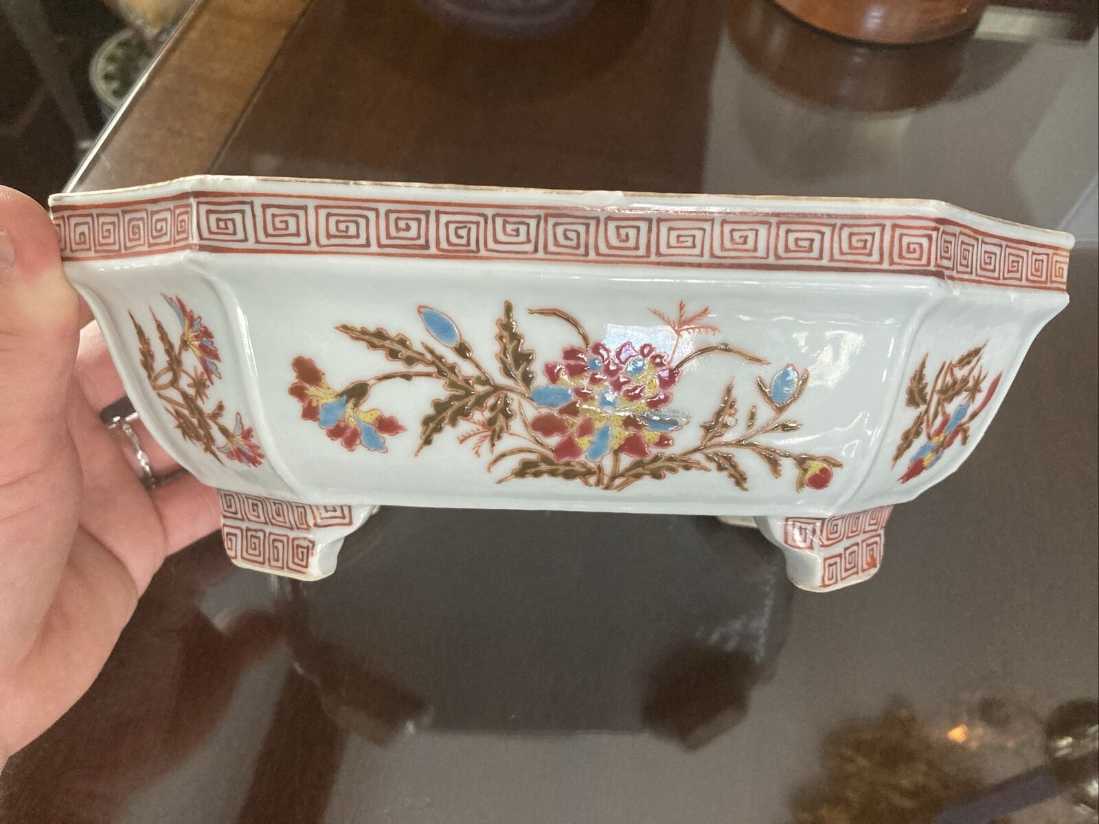 Antique Footed Chinese Floral Planter Rectangle 