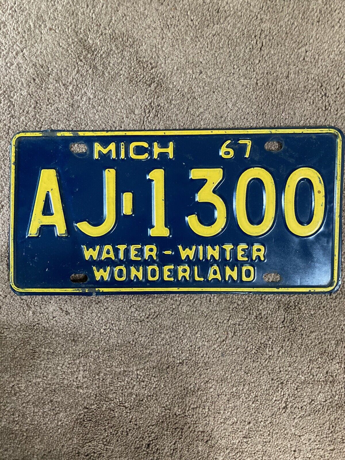 1967 Michigan  License Plate - AJ 1300 - Nice