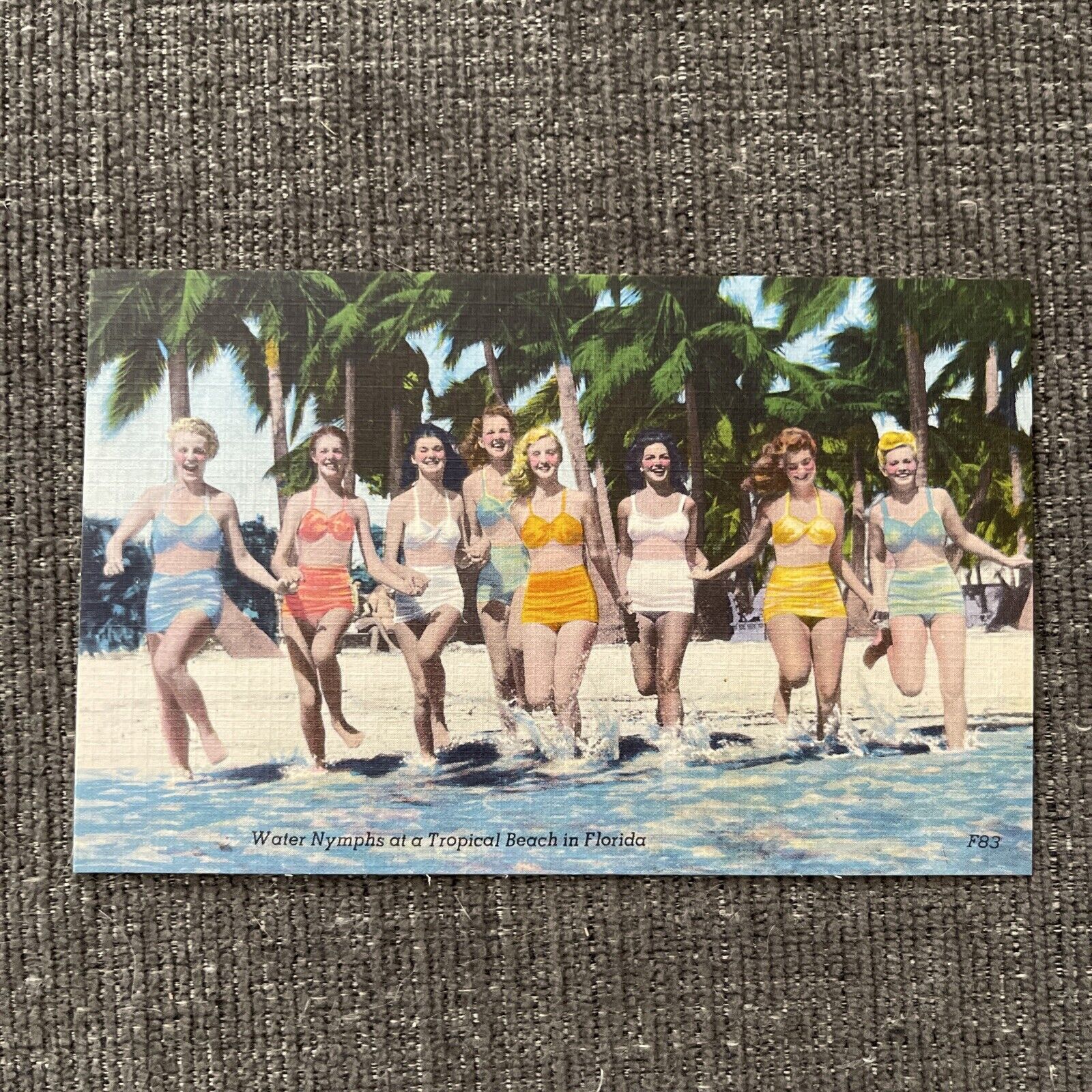 Linen Postcard FL~BIKINI GIRLS/WATER NYMPHS AT A TROPICAL BEACH IN FLORIDA~MIAMI