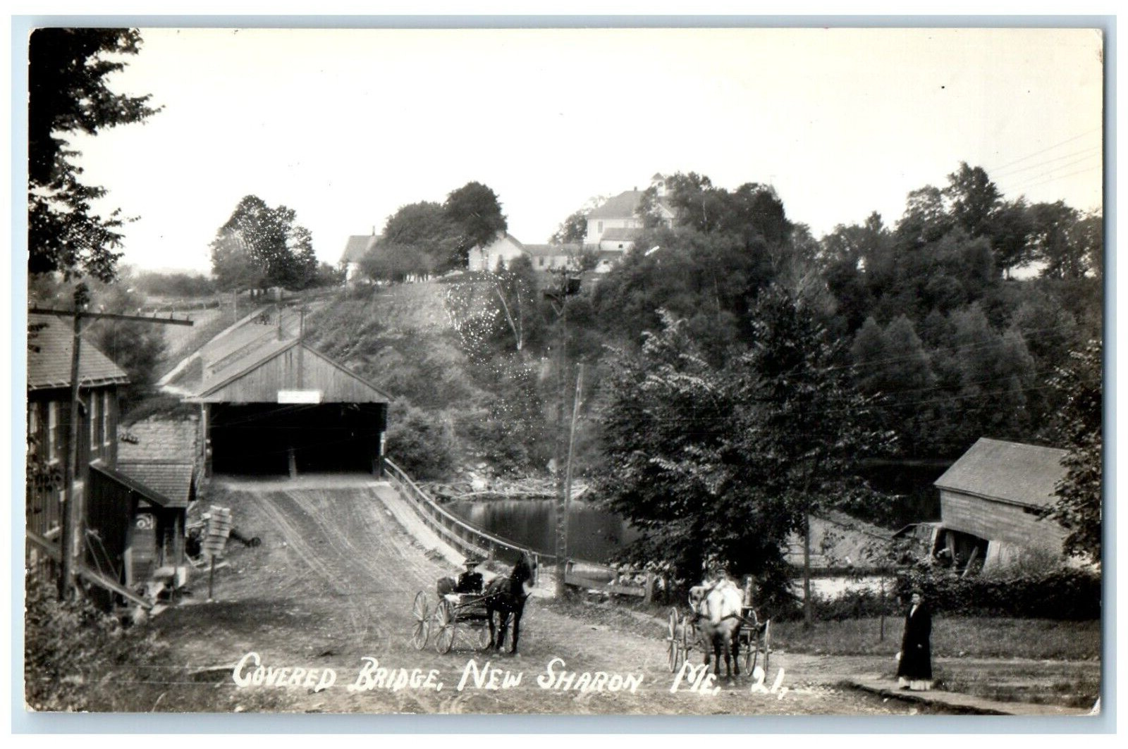 c1940's Covered Bridge Horse Wagon Sandy River New Sharon ME RPPC Photo Postcard