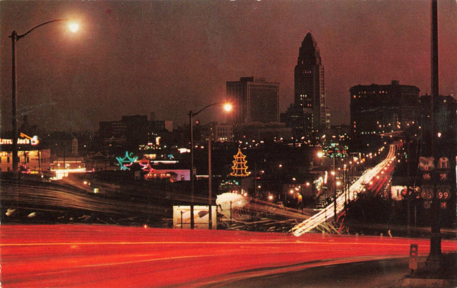 Los Angeles CA, Civic Center Chinatown at Night Arroyo Seco Freeway Vtg Postcard