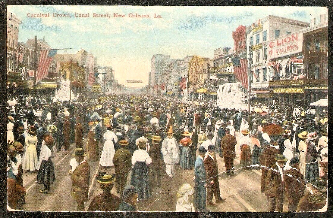 Carnival Crowd 1911 New Orleans Canal Street Postcard Mardi Gras Americhrome