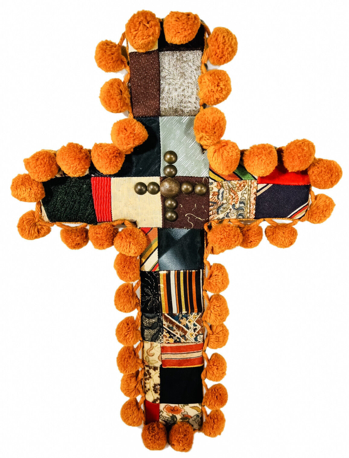 Vintage Mod Era Handmade Artist Signed Decorative Cross Quilted Pom-Pom Trim