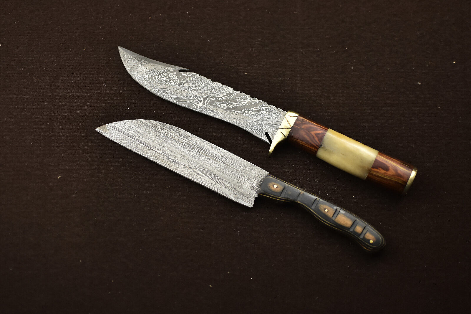 2Pcs Handmade Damascus Steel Hunting/Camping Skinner Knife - Wood Handle R-4069