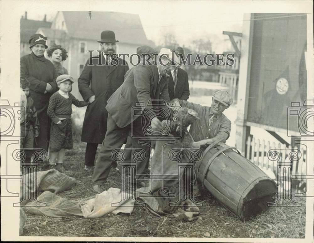 1927 Press Photo Flood Refugees Handling Bird, North Springfield, Massachusetts