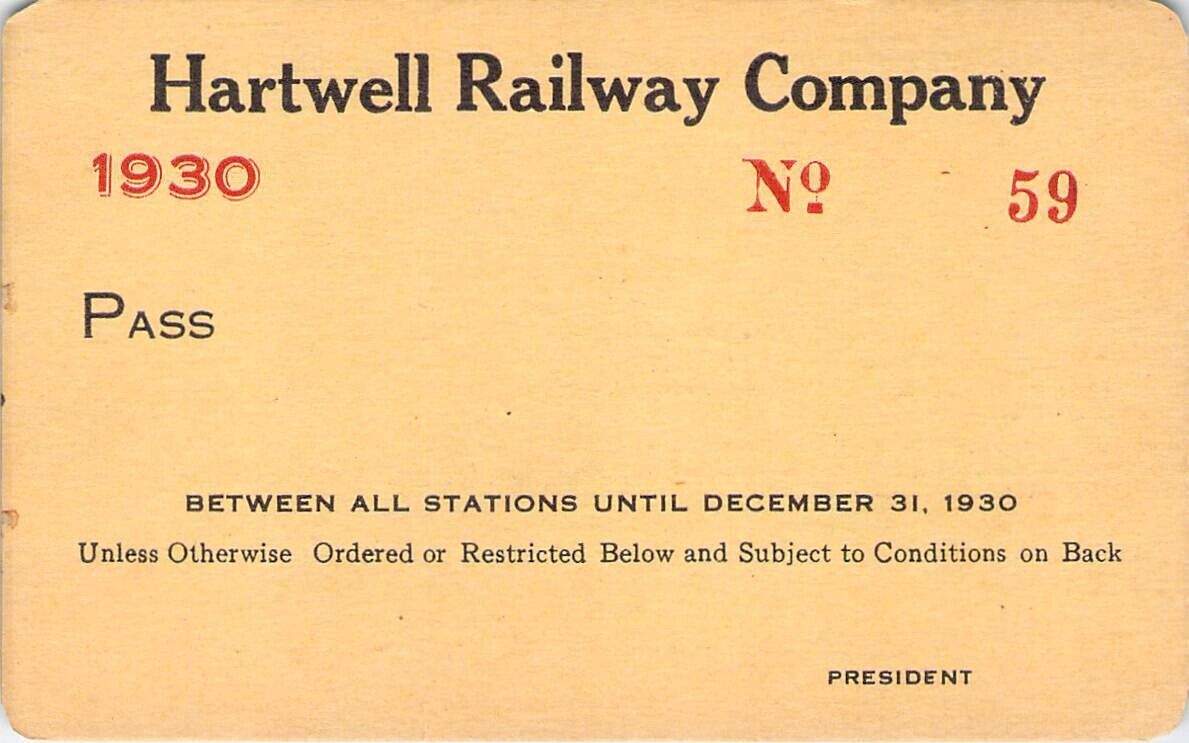 1930 HARTWELL LOW # 59 RAILROAD RAILWAY RR RY PASS 