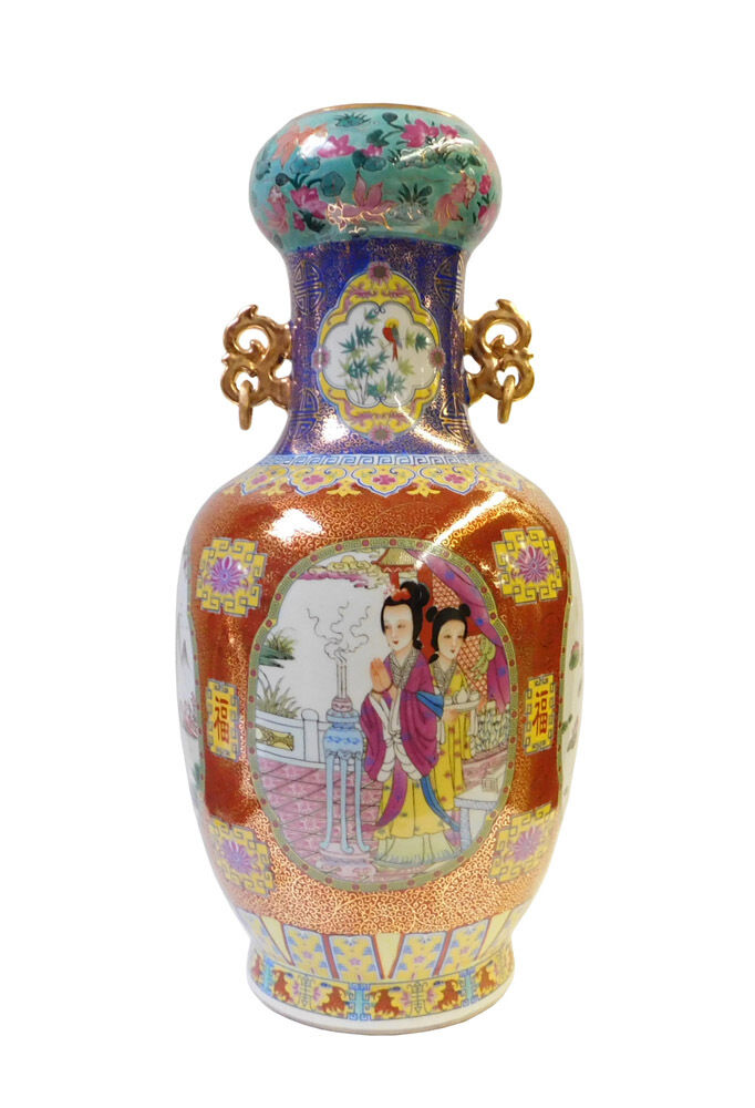 Chinese Red Multi-Color People Scenery Round Porcelain Vase cs1484