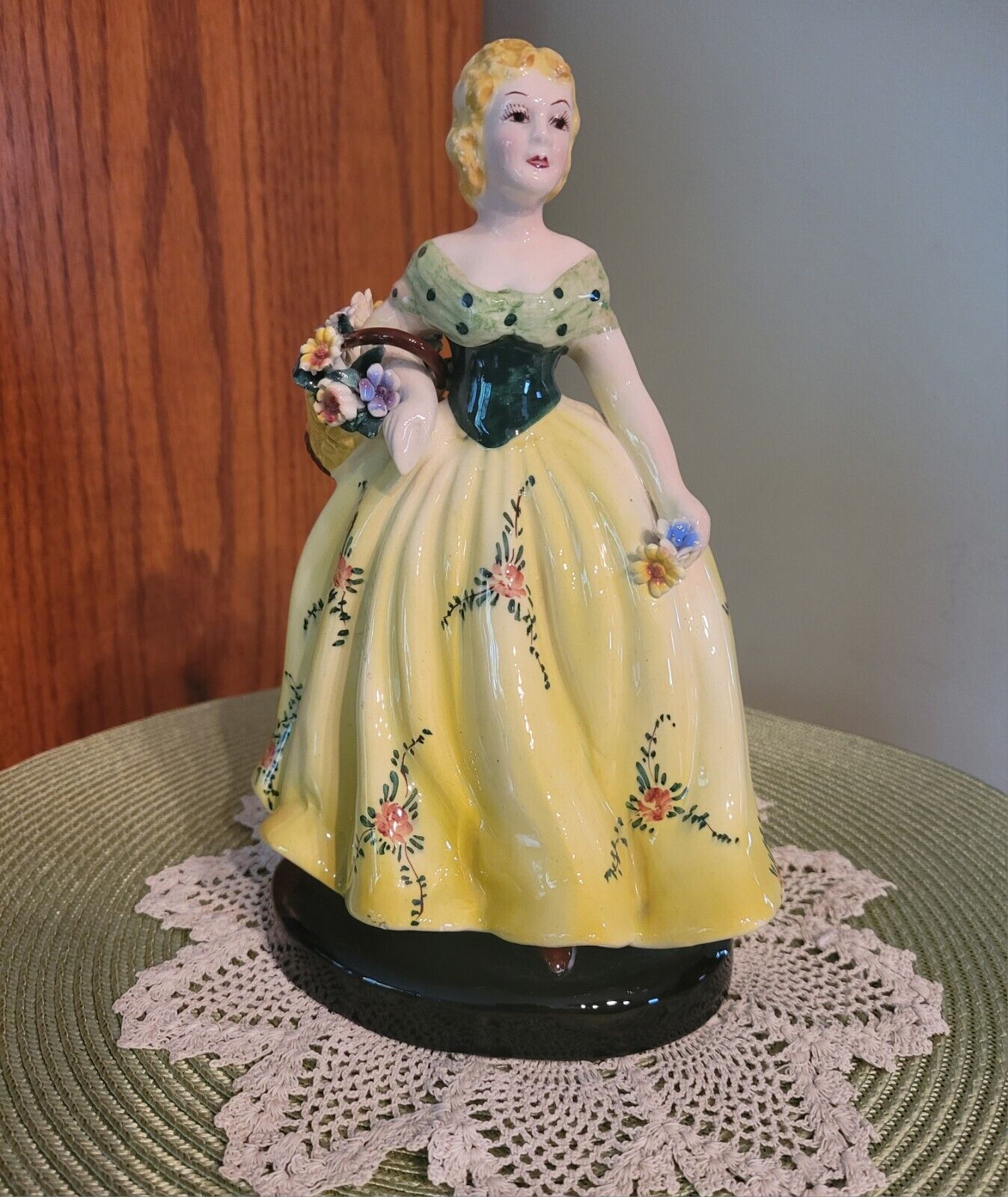 Italian Porcelain Vintage Ceramic Figurine with Floral Dress & Basket
