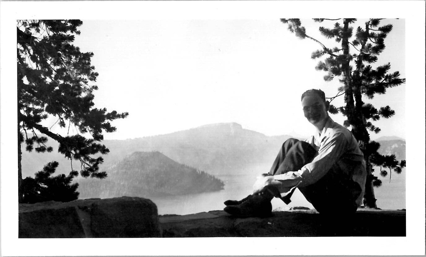 Young Hiker Man Enjoying Crater Lake Oregon National Park 1940s Vintage Photo